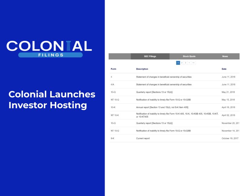 Colonial Filings Releases Investor Website Hosting Services